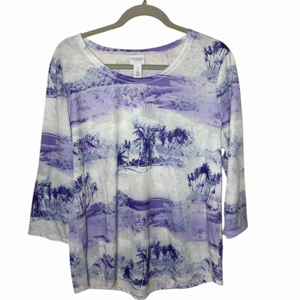 Chico’s Weekends Top Womens Size 2 Purple Tropical Palm Print 3/4 Sleeve